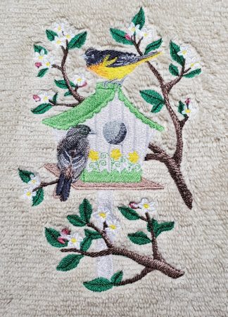Orioles and Birdhouse On Embroidered Bath Towels - Wash, Hand, Bath