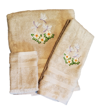 Dragonfly And Daisy Embroidered Bath Towels