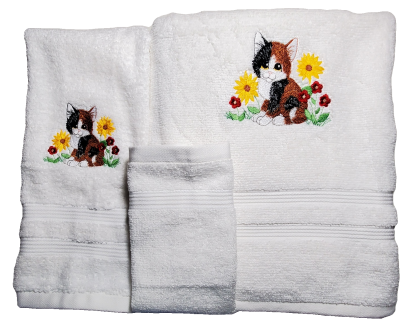 Calico Cat With Flowers Bath Towels Embroidered