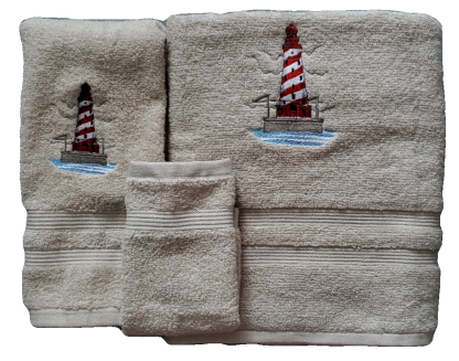 White Shoal Lighthouse Embroidered Bath Towels