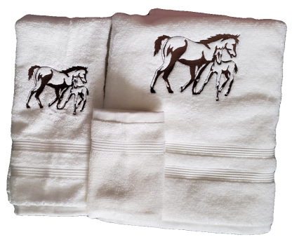 Mare and Foal Outline Embroidered Bath Towels - Wash, Hand, Bath