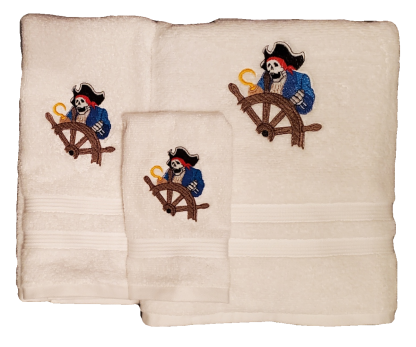 Pirate Standing by Ship's Wheel Embroidered Bath Towels