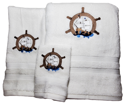 Sailing Ship and Ship's Wheel Embroidered Bath Towels
