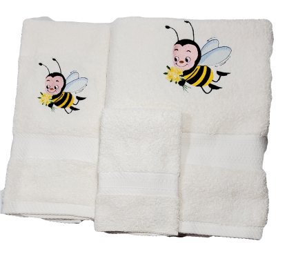 Honey Bee with Flowers Embroidered Bath Towels - Wash, Hand, Bath
