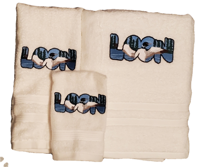 Flying Loon in Word on Embroidered Bath Towels