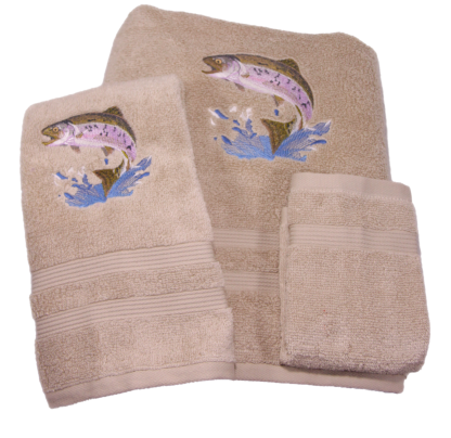 Jumping Trout - Fish on Embroidered Bath Towels - Wash, Hand, Bath