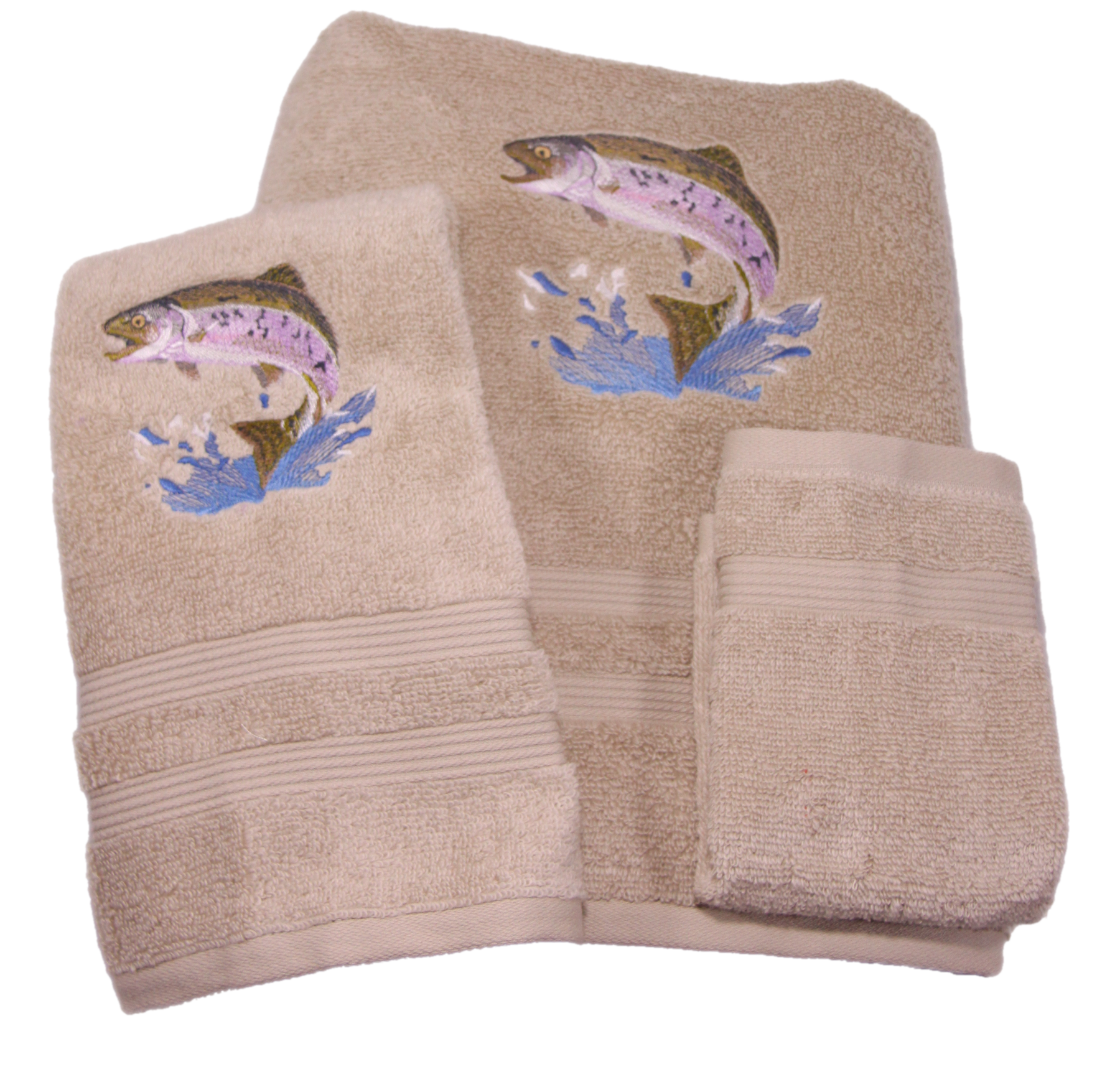 Jumping Trout – Fish on Embroidered Bath Towels – Wash, Hand, Bath
