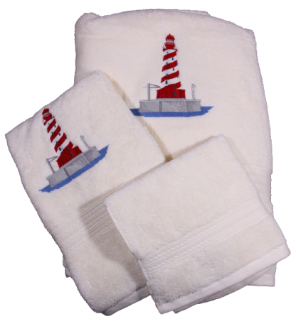 White Shoal Lighthouse Embroidered Cotton Bath Towels