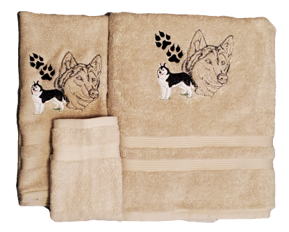 Siberian Husky with Paw Print Embroidered Bath Towels