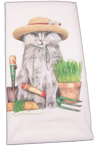 Gray Garden Cat with Hat Printed Flour Sack Dish Towel