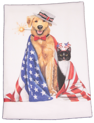 Mary Lake-Thompson Cat and Dog with Flags Flour Sack Dish Towel