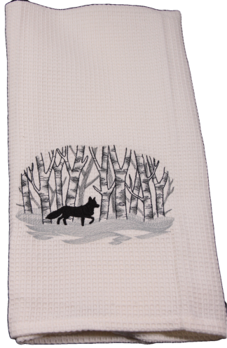 Embroidered White Waffle Weave Dish Towel - Fox in the Woods