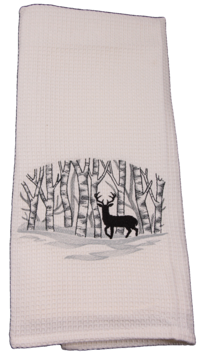 Embroidered White Waffle Weave Dish Towel - Deer in the Woods