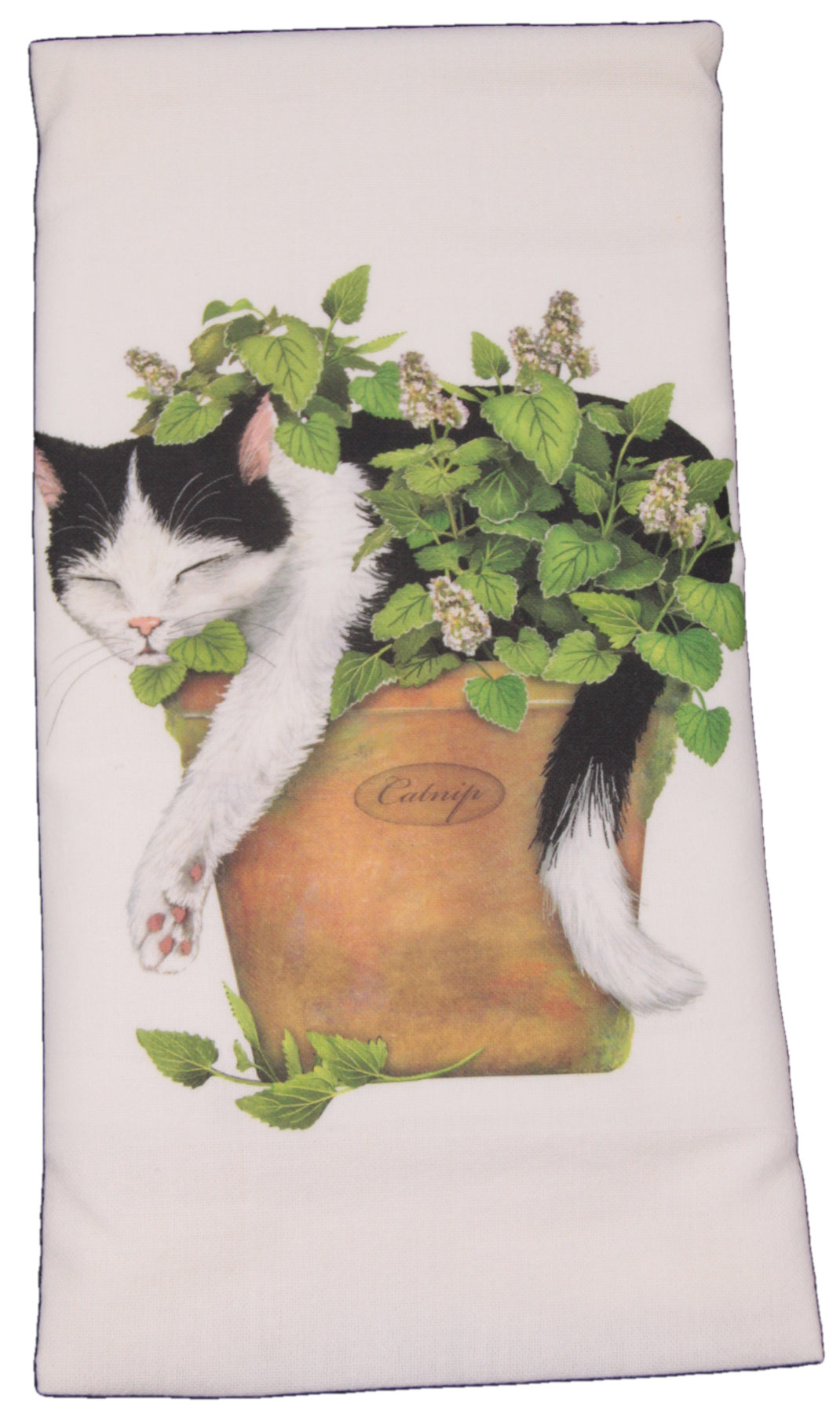 Black and White Cat with Catnip Printed Flour Sack Dish Towel