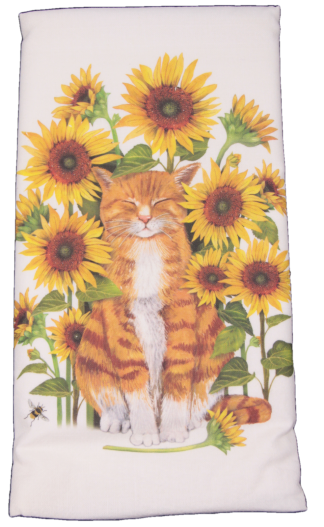 Orange Cat Sitting in Sunflowers Printed Flour Sack Dish Towel