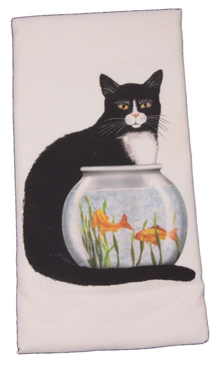 Black and White Cat with Fish Bowl Printed Flour Sack Dish Towel