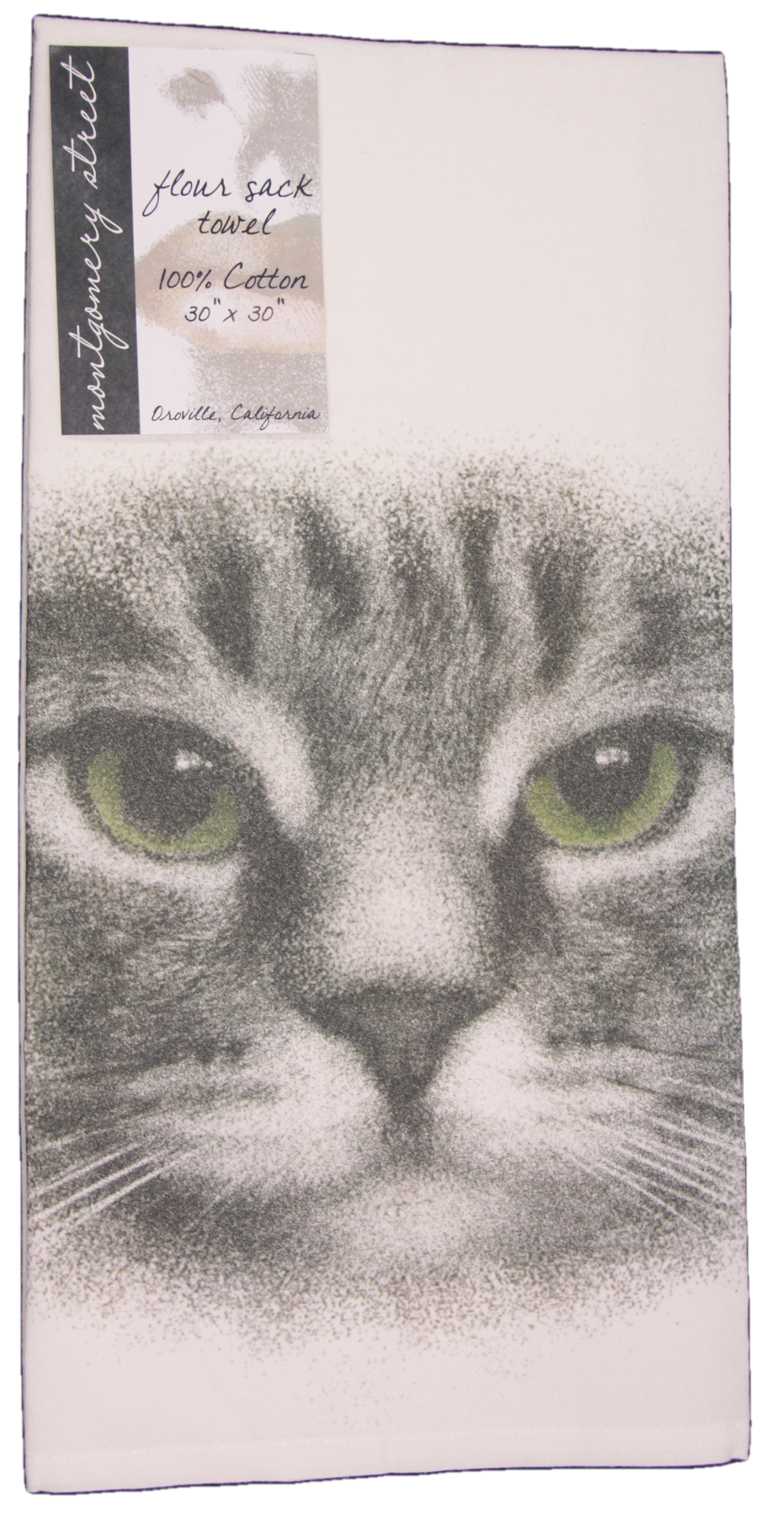 Cat Face with Green Eyes Printed Flour Sack Dish Towel