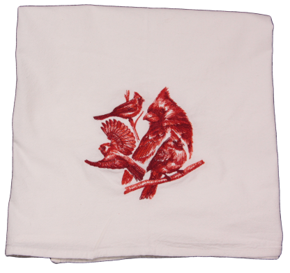 Embroidered Cardinals White Flour Sack Dish Towel