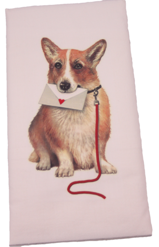 The flour sack dish towel is 100% white cotton. The actual size 30 X 30 inches. The towel has a printed design featuring a Corgi dog with an envelop with a heart.
