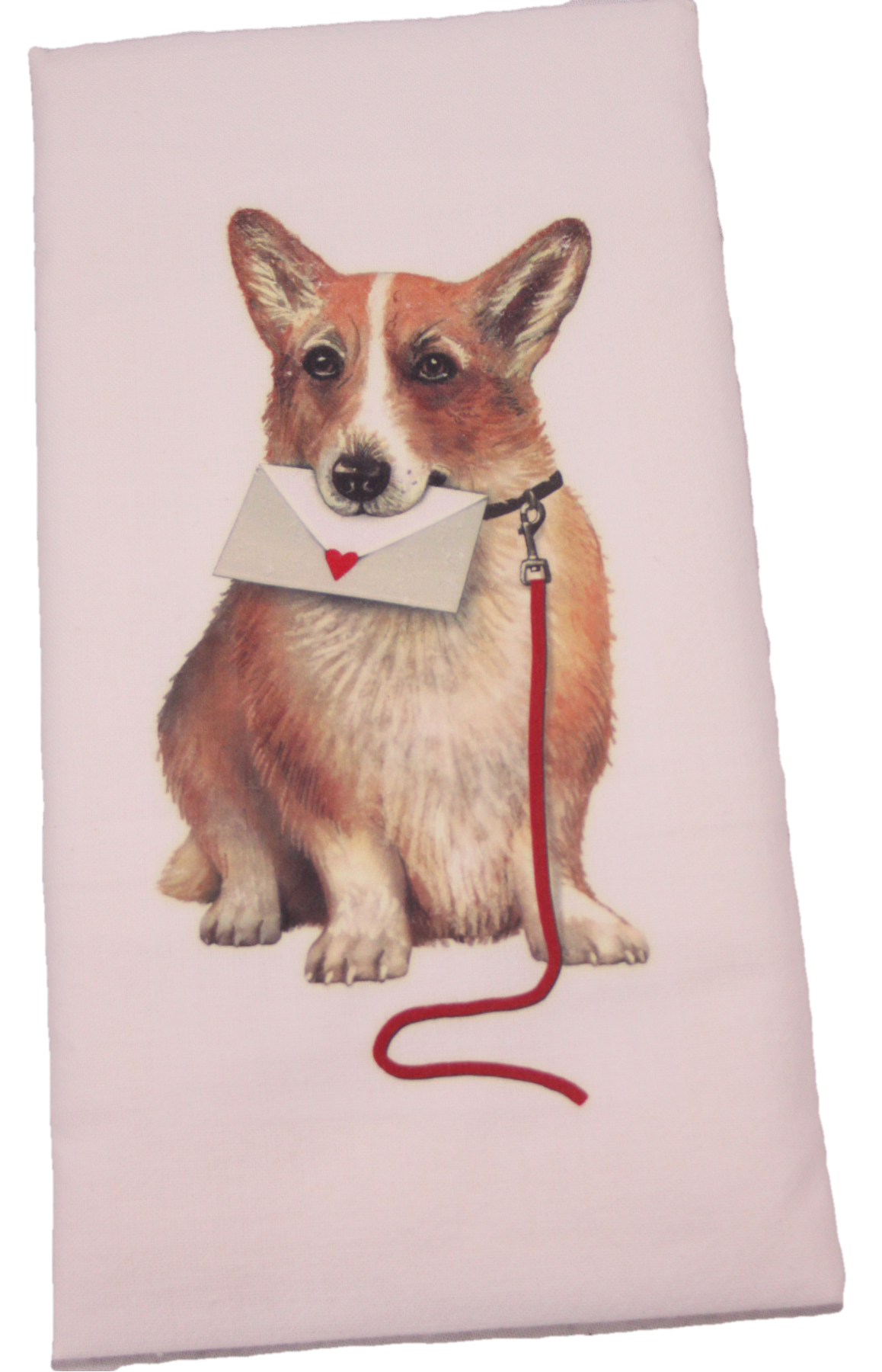 The flour sack dish towel is 100% white cotton. The actual size 30 X 30 inches. The towel has a printed design featuring a Corgi dog with an envelop with a heart.