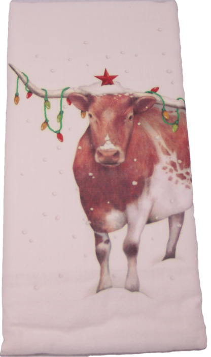 Longhorn Christmas Steer Printed Flour Sack Dish Towel