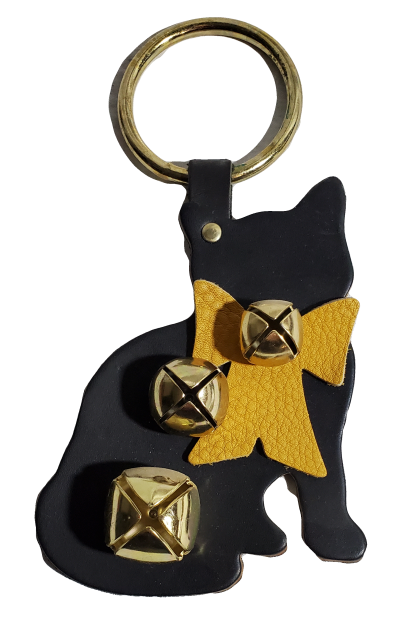 Classic Bells Leather Cat with Bow Door Knob Hanger with Bells