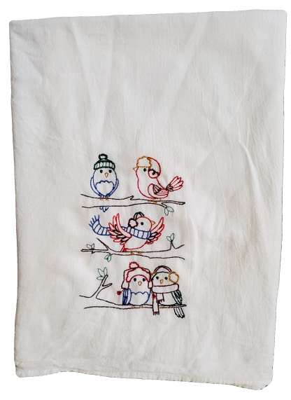 Embroidered Winter Birds Flour Sack Dish Towel