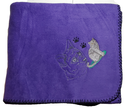 Gray Cat Embroidered Fleece Throw - Various Colors